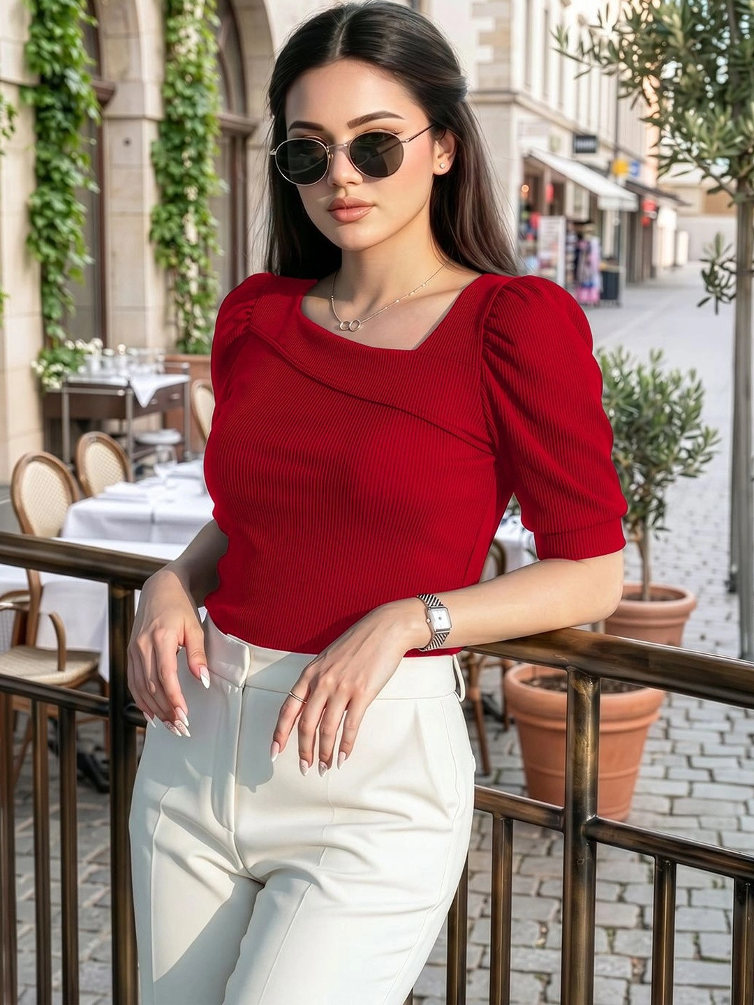 Red Ribbed Square Neck Puff Sleeve Top