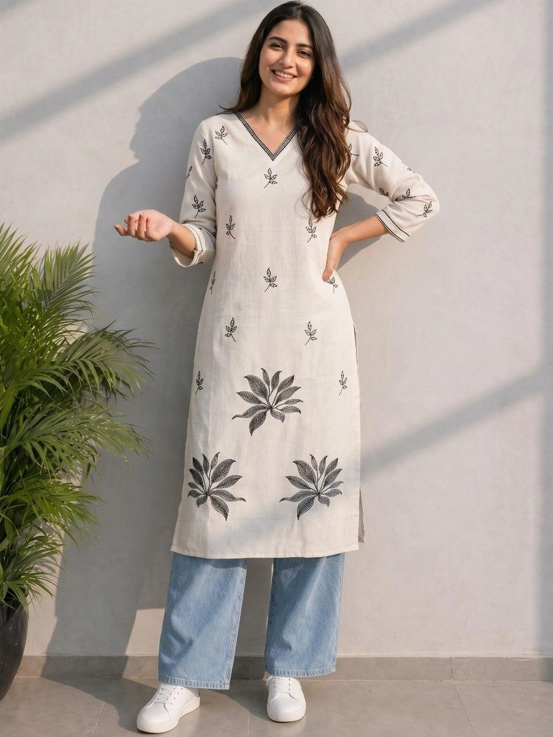 NESH CREATION Botanical Printed V-Neck Pure Cotton Kurti
