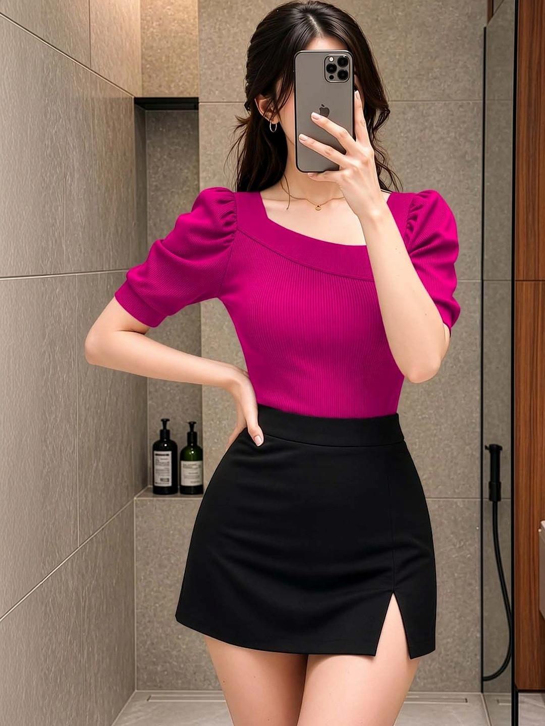 Pink Square Neck Puff Sleeve Top