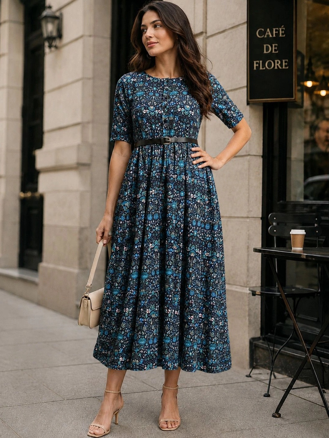 Elegant Blue Floral Midi Dress with Short Sleeves