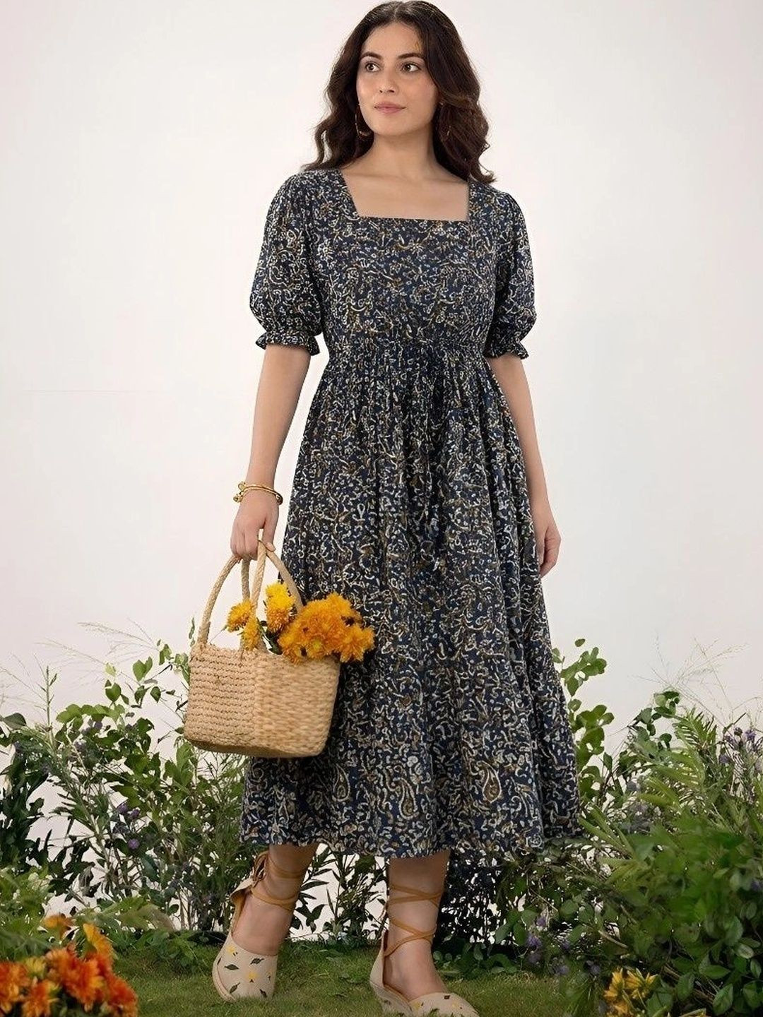 PRESHA Floral Print Puff Sleeve A-Line Midi Dress