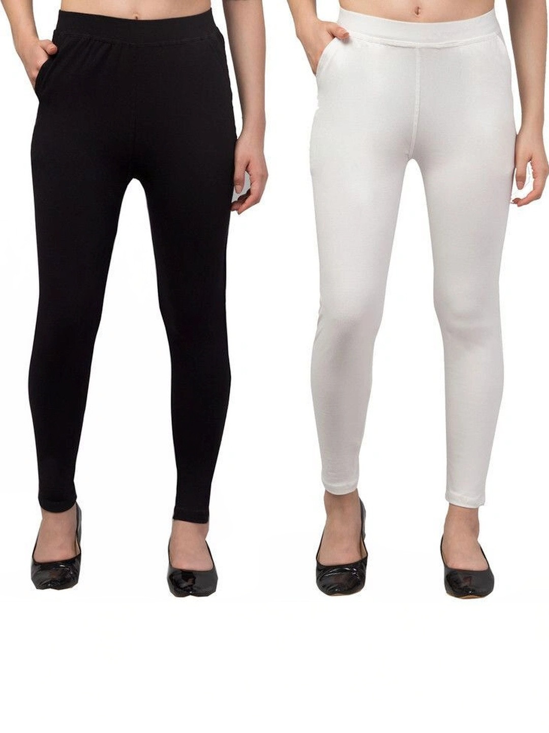 Hookspin Women Pack of 2 White & Black Solid Cotton Leggings