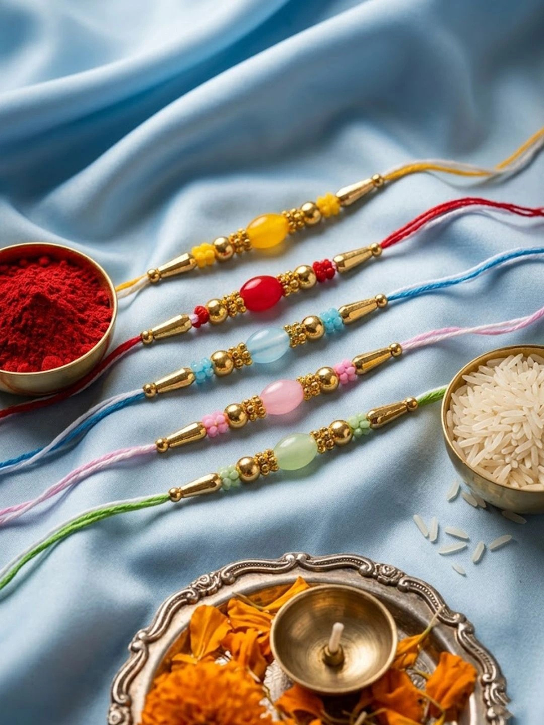 SZN Set Of 5 Multi Artificial Beads Thread Rakhi With Roli Chawal Chandan Mishri