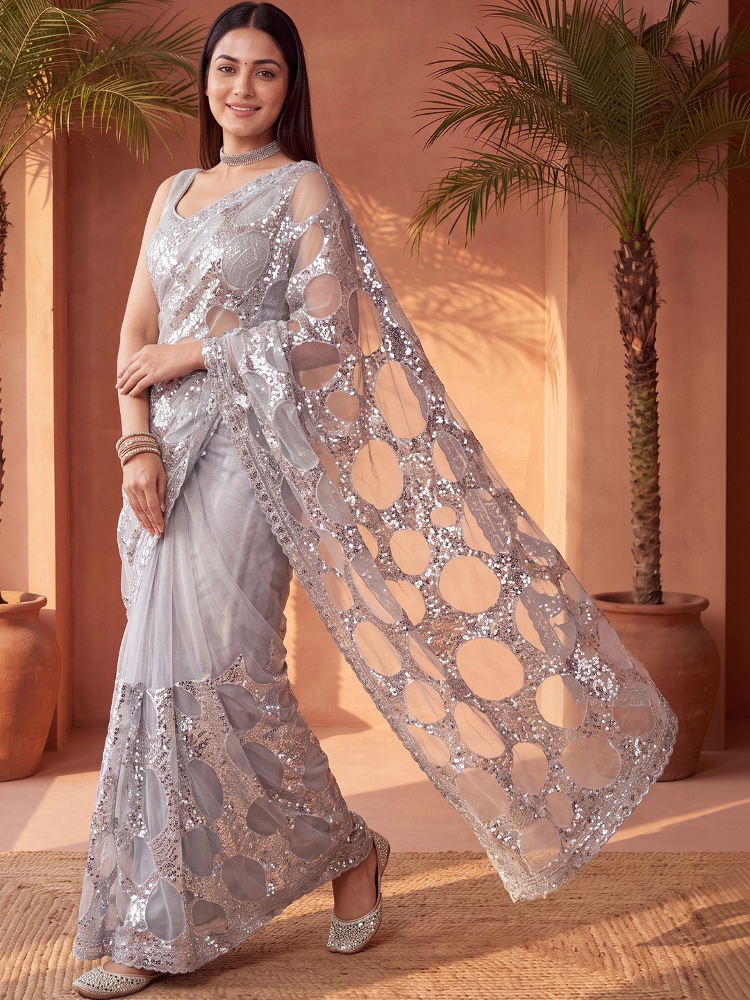Sangria Sequinned Net Designer Saree