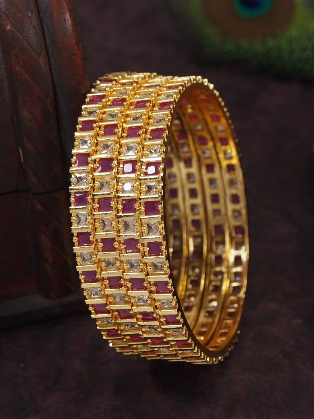 SGA FASHION Set Of 4 Gold Plated American Diamond & Ruby Stone Studded Bangles