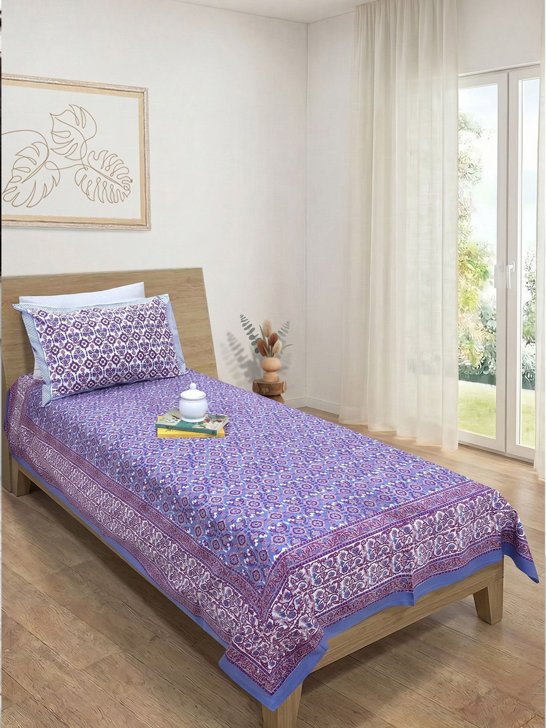TOAI Burgundy & Blue Geometric 300 TC Single Bedsheet with 2 Pillow Covers