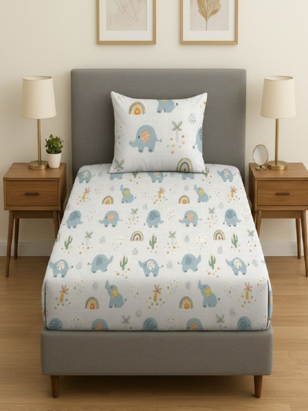 RRC Grey Cartoon Characters Single Bedsheet with 2 Pillow Covers