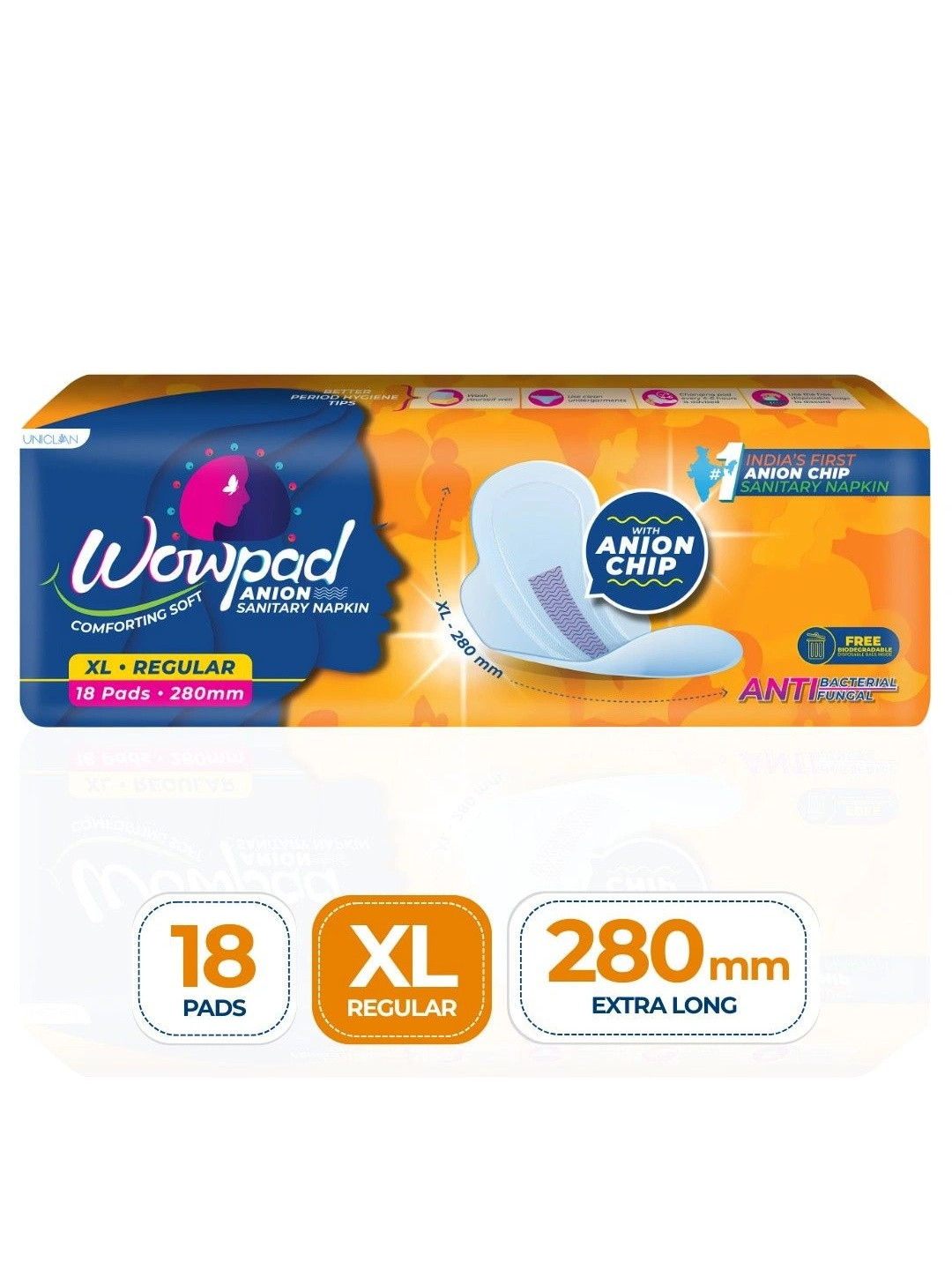 Wowpad Anti-Bacterial & Rash-Free Anion Chip Sanitary Pads - XL - 18Pcs