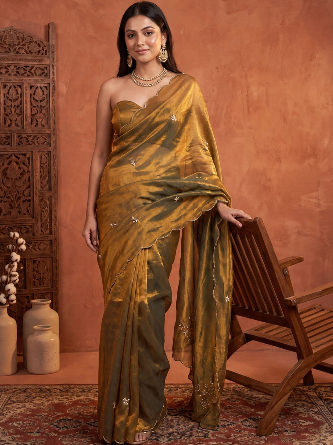 Sangria Floral Embroidered Tissue Designer Saree