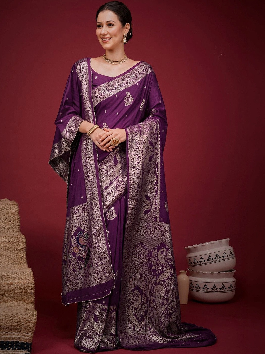 Saree mall Purple Ethnic Motifs Zari Designer Banarasi Saree With Dupatta & Blouse Piece