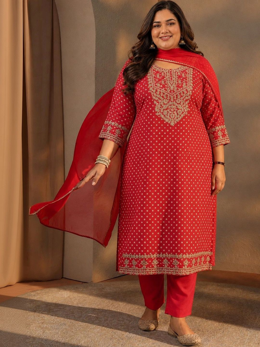 EXTRA LOVE BY LIBAS Plus Size Red Bandhani Printed Silk Blend Straight Suit Set With Dupatta
