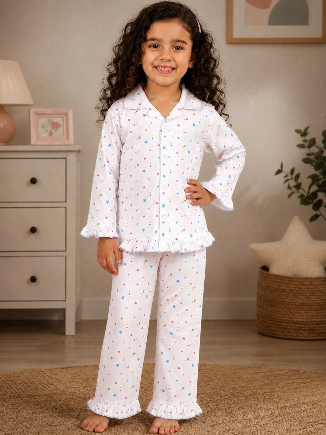 Superminis Infant Girls White & Blue Printed Night Suit 50119-SMSINSSTWH
