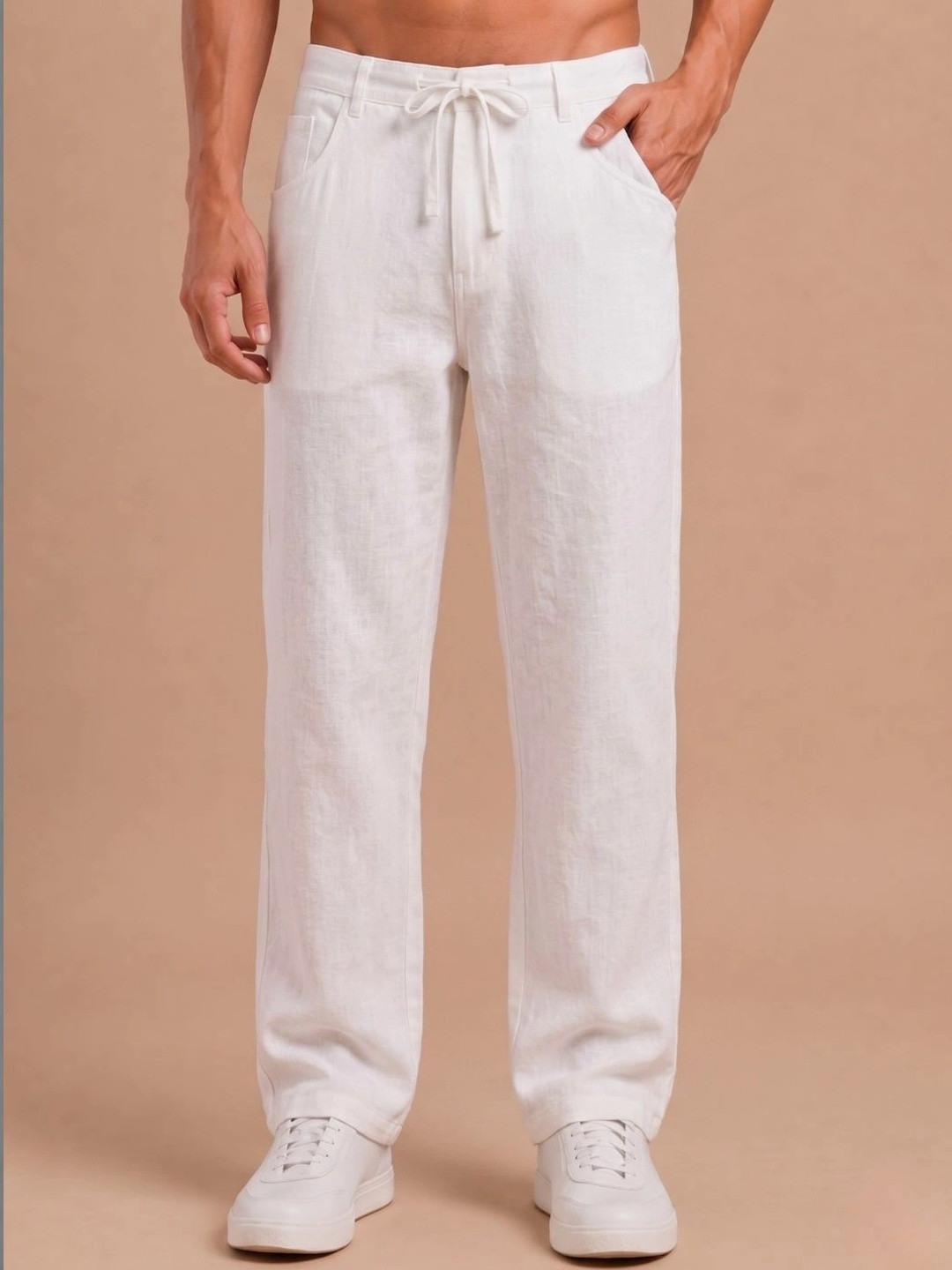 Hyraa Club Men White Relaxed fit Soft Linen Pant Trousers