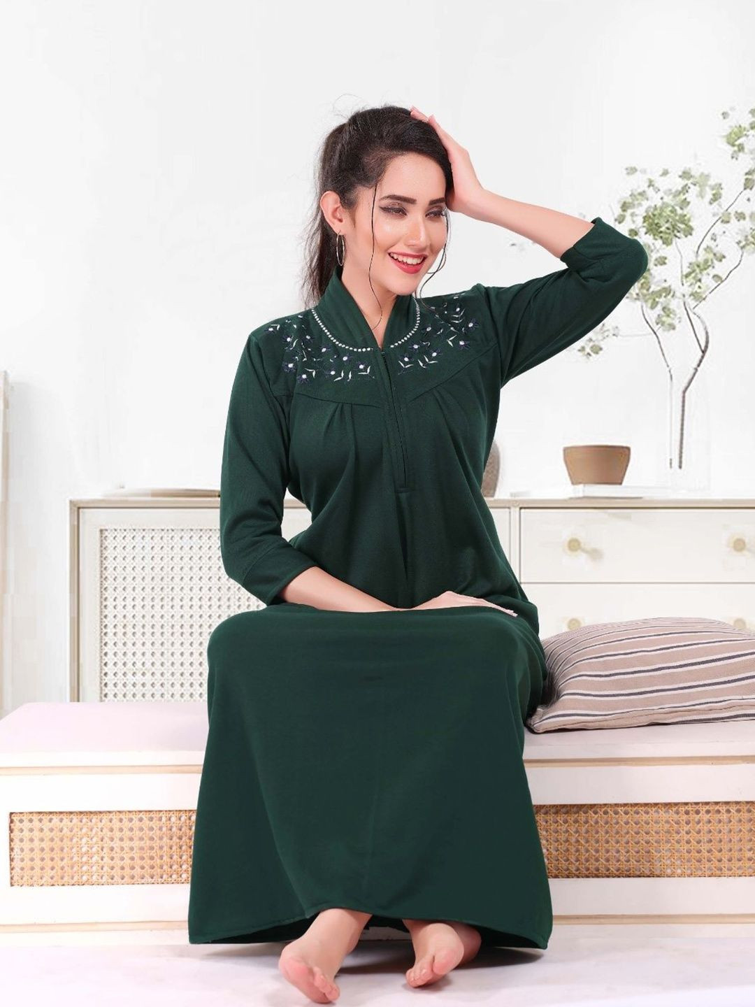 Womenoire Embroidered Mandarin Collar Maxi Nightdress