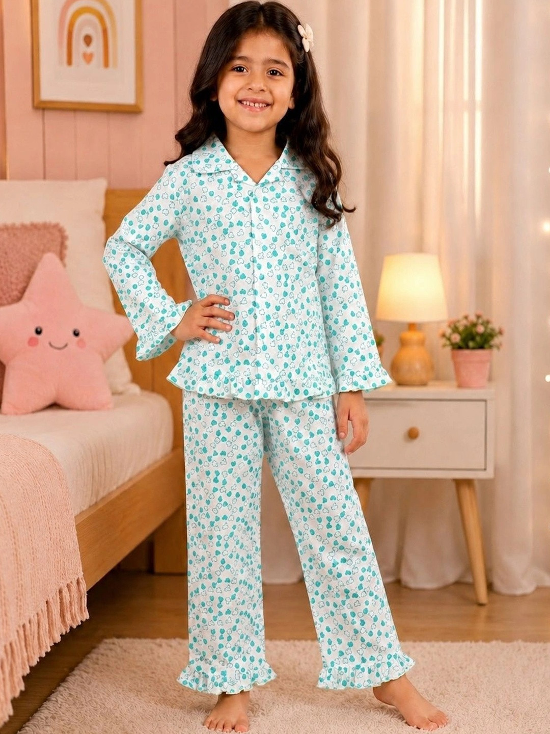 Superminis Girls Green & White Printed Night suit