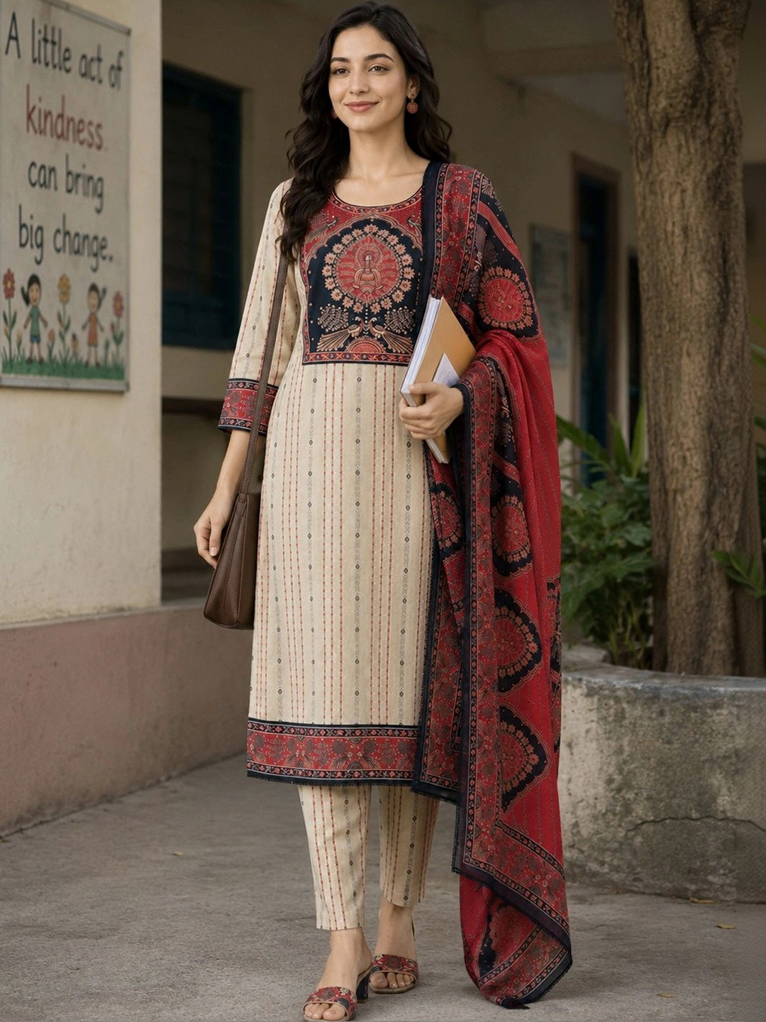 Anouk Women Beige Dobby Woven Pure Cotton Kurta Set with Printed Patchwork & Red Dupatta