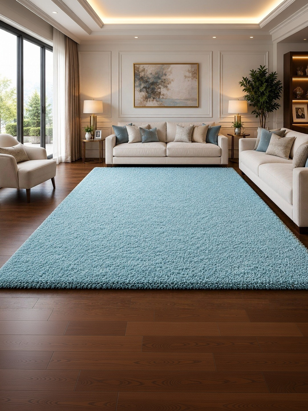 KAYNAT CARPET Turquoise Blue Solid Shaggy Polyester Carpet