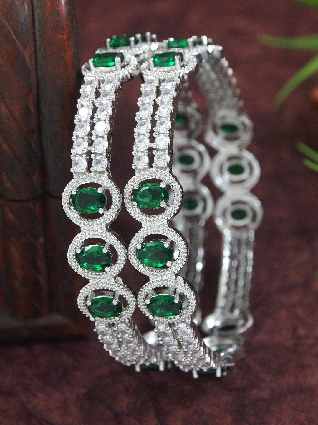 SGA FASHION Set Of 2 Silver-Plated American Diamond-Studded Bangles