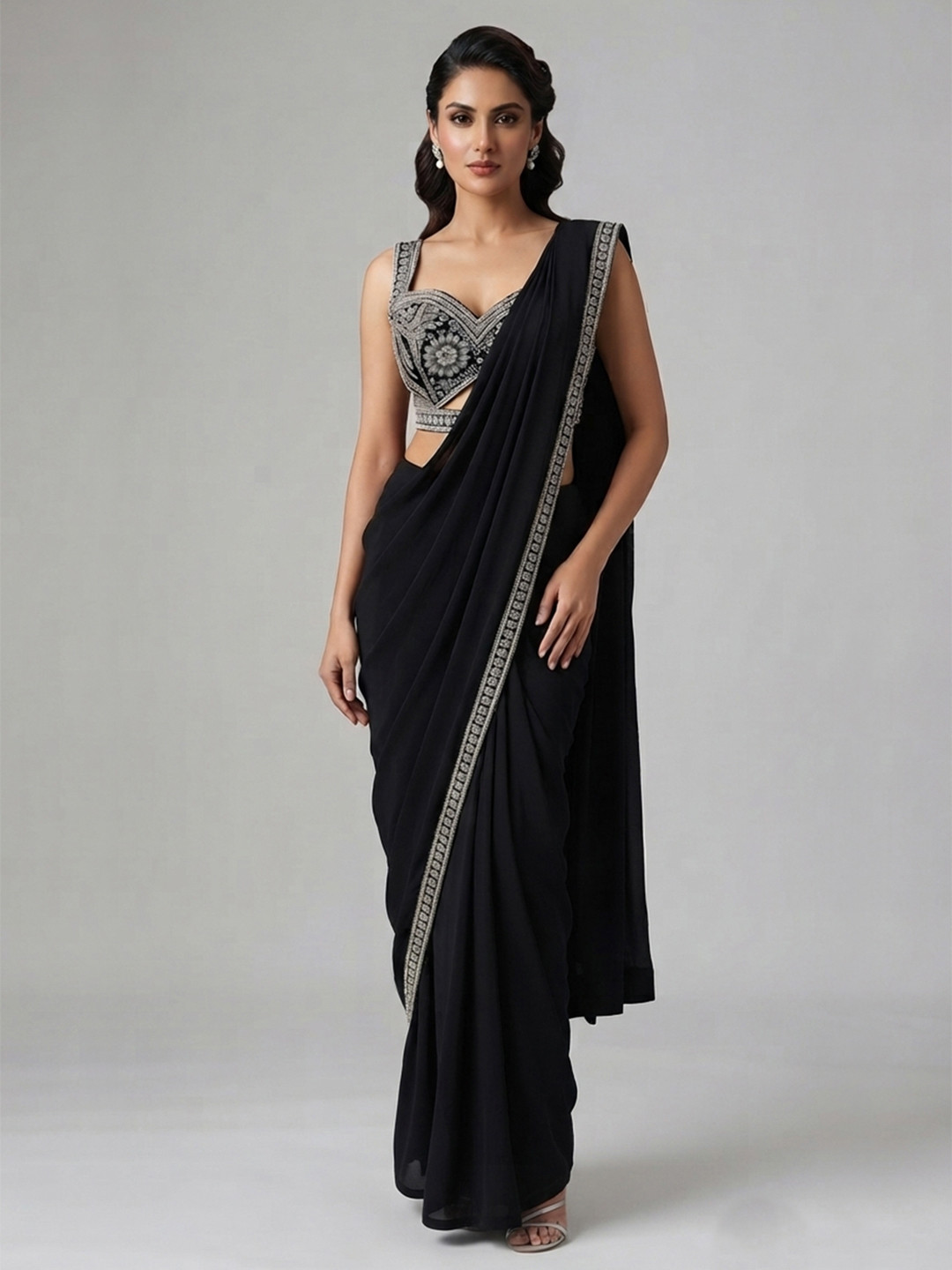 OOJAL Floral Embroidered Pure Crepe Heavy Work Saree