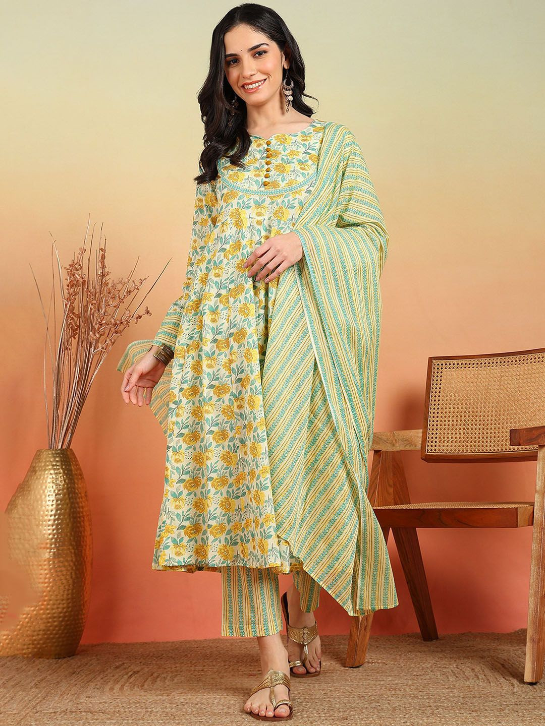 IKRASS Floral Printed Empire Pure Cotton A-Line Kurta with Trousers & Dupatta