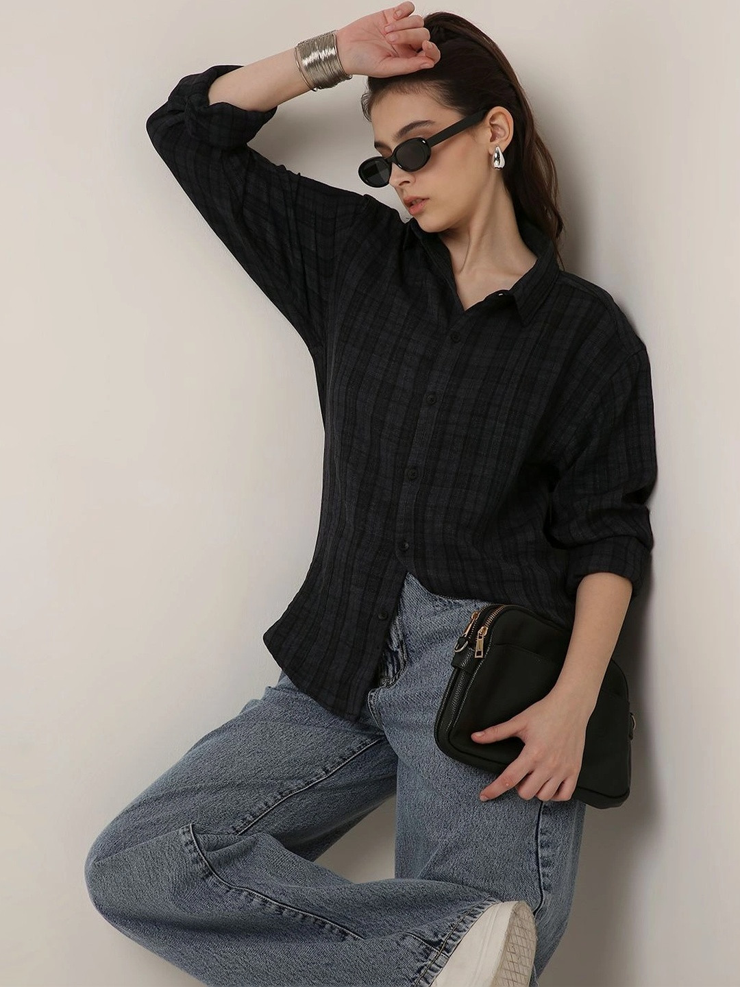 Blnk Women Classic Checked Casual Oversized   Shirt
