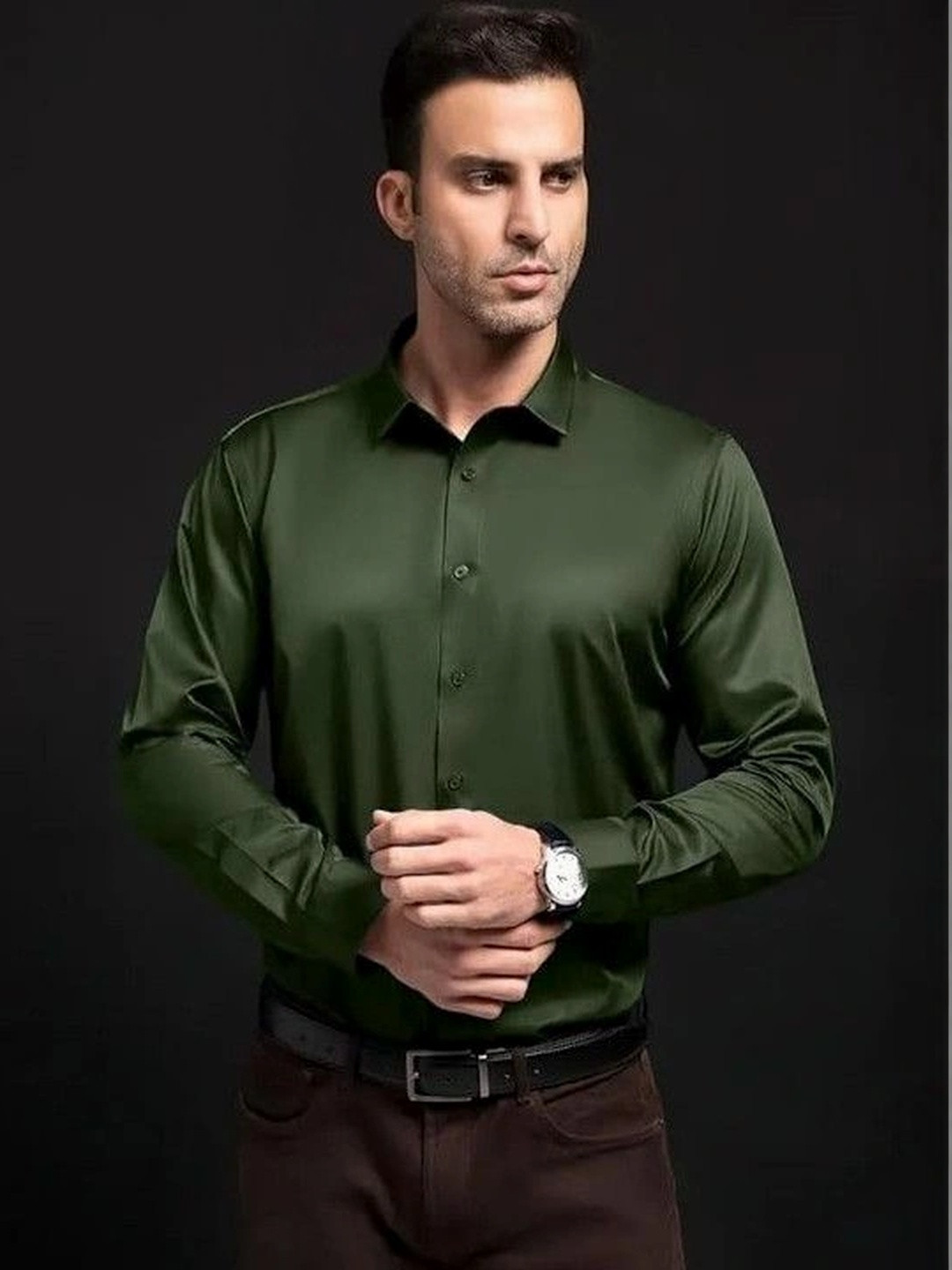 Foomer Men Classic Satin Spread Collar Casual Shirt