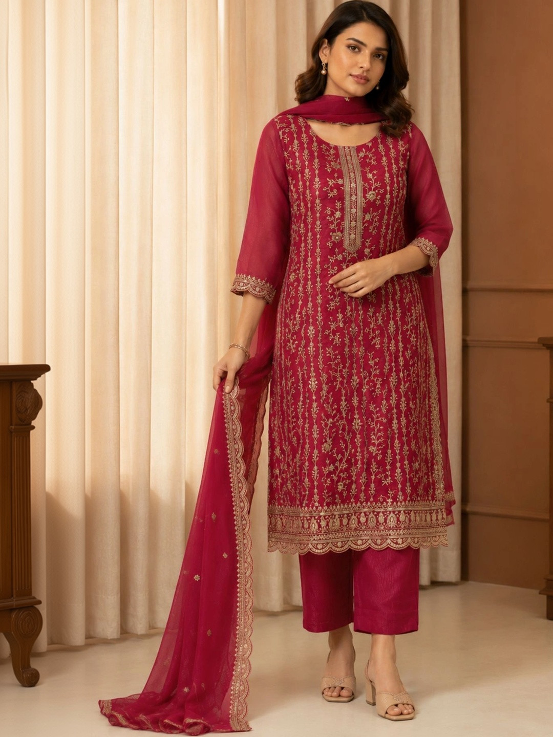 KALINI Women Ethnic Motifs Embroidered Regular Thread Work Kurta with Trousers & With Dupatta