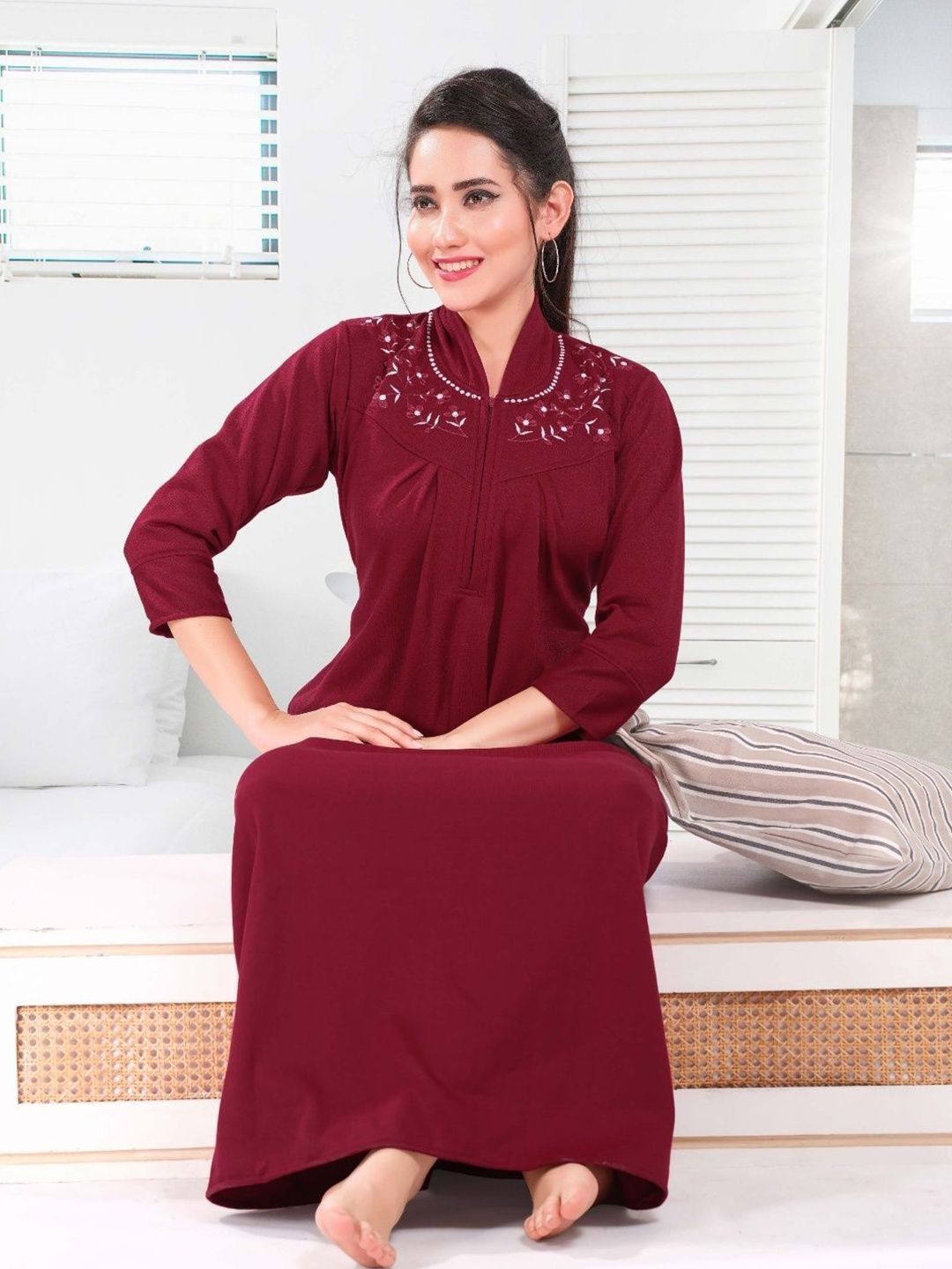 Womenoire Lace Embroidered Mandarin Collar Maxi Nightdress