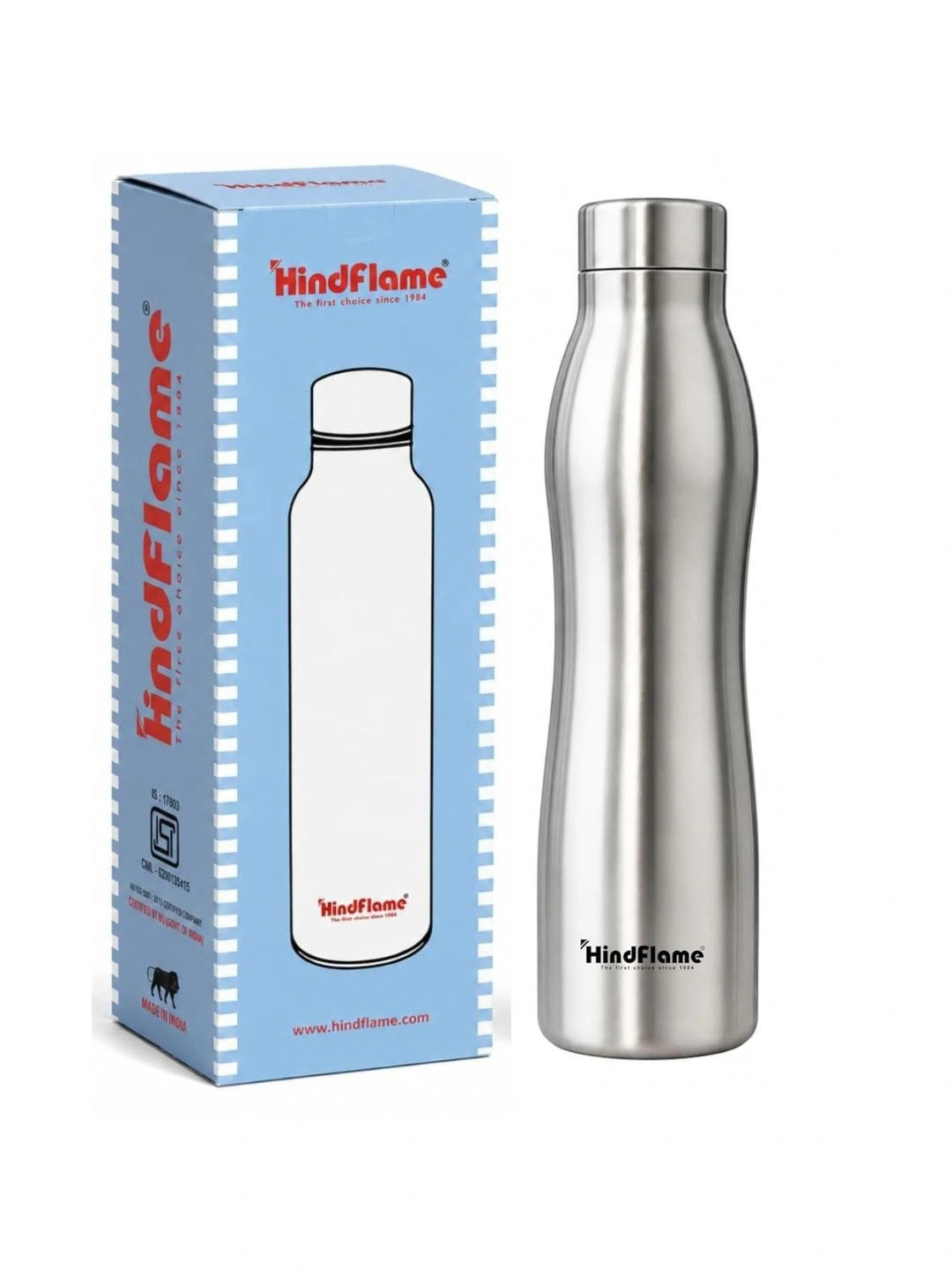 Hindflame Silver Wave 1000ml (Pack of 1) Stainless Steel Solid Water Bottle, ISI Marked