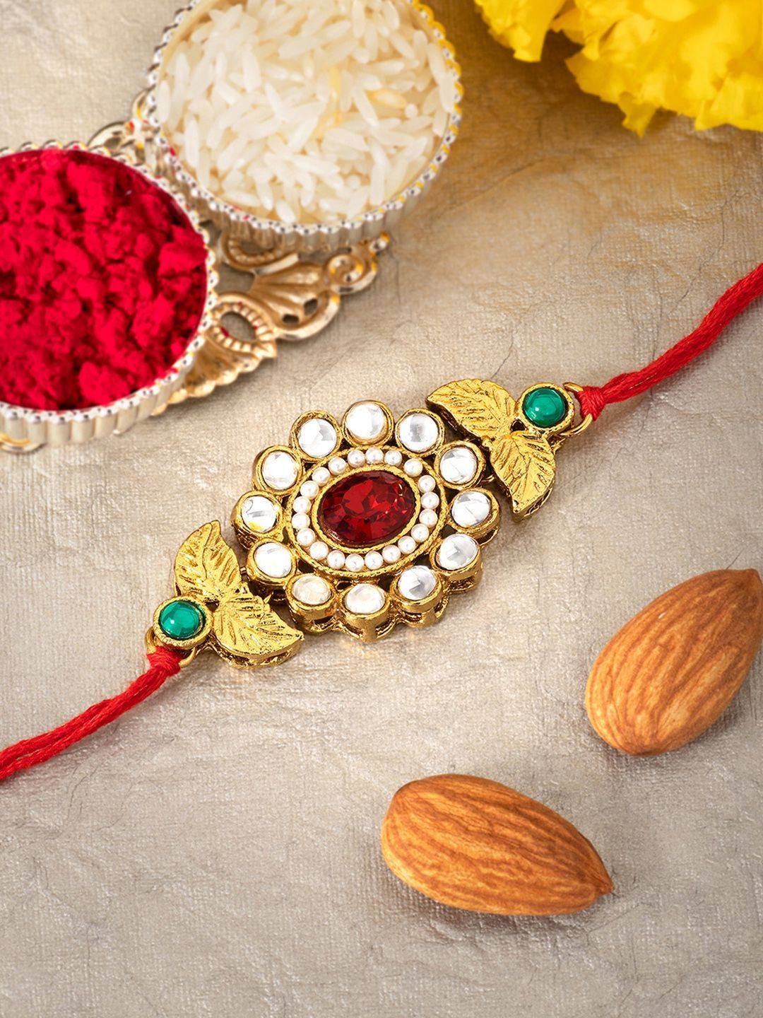 Peora Gold Plated Kundan Leaf Rakhi with Raksha Bandhan Greeting Card & Roli Chawal