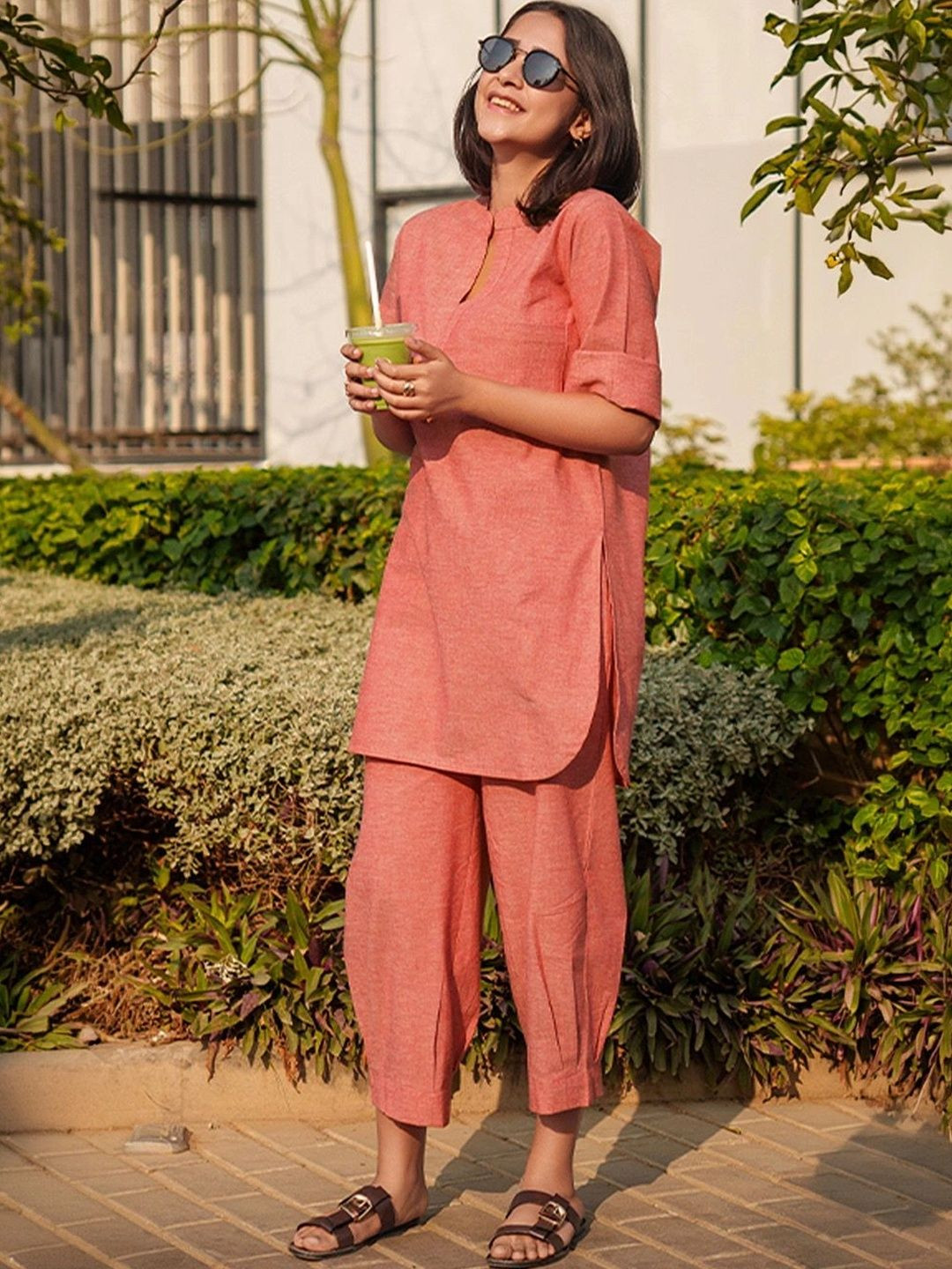 Surma Silver Hoops Coral Kurta Co-ord Set
