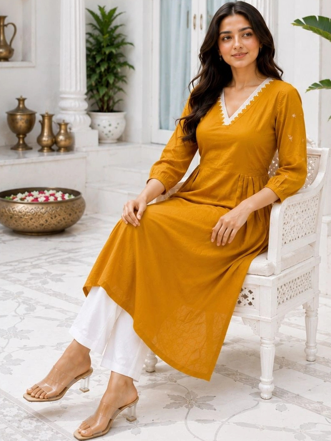 Loomista Women Empire Thread Work Kurta with Palazzos