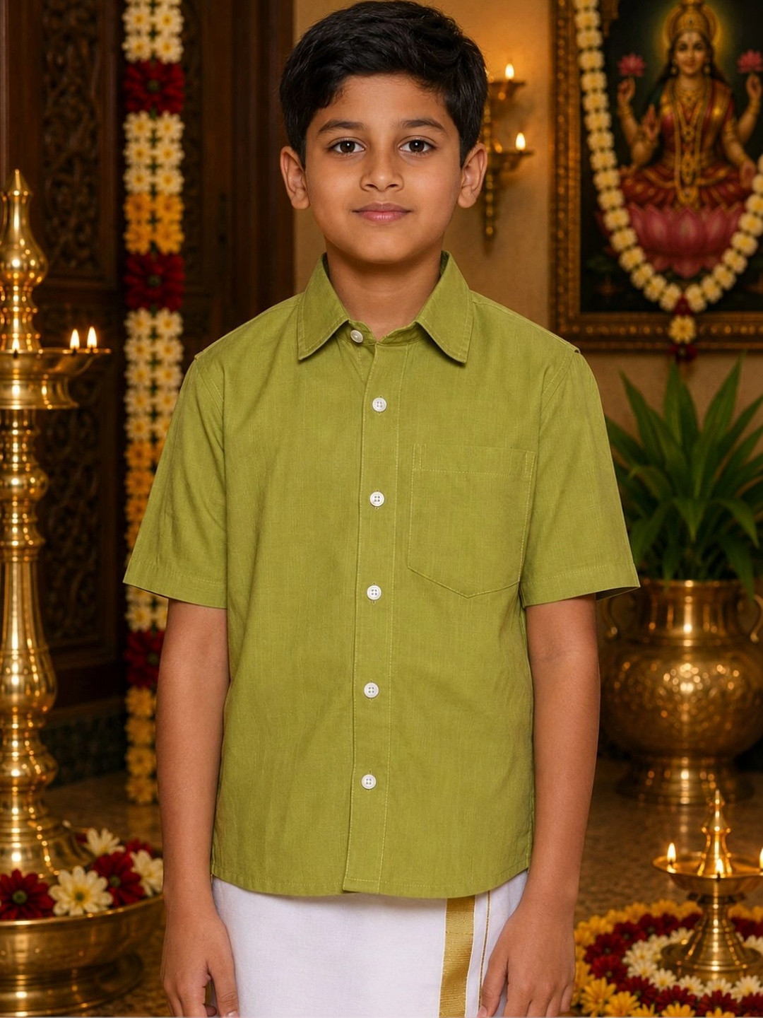 Sethukrishna Boys Green Cotton Classic Casual Shirt