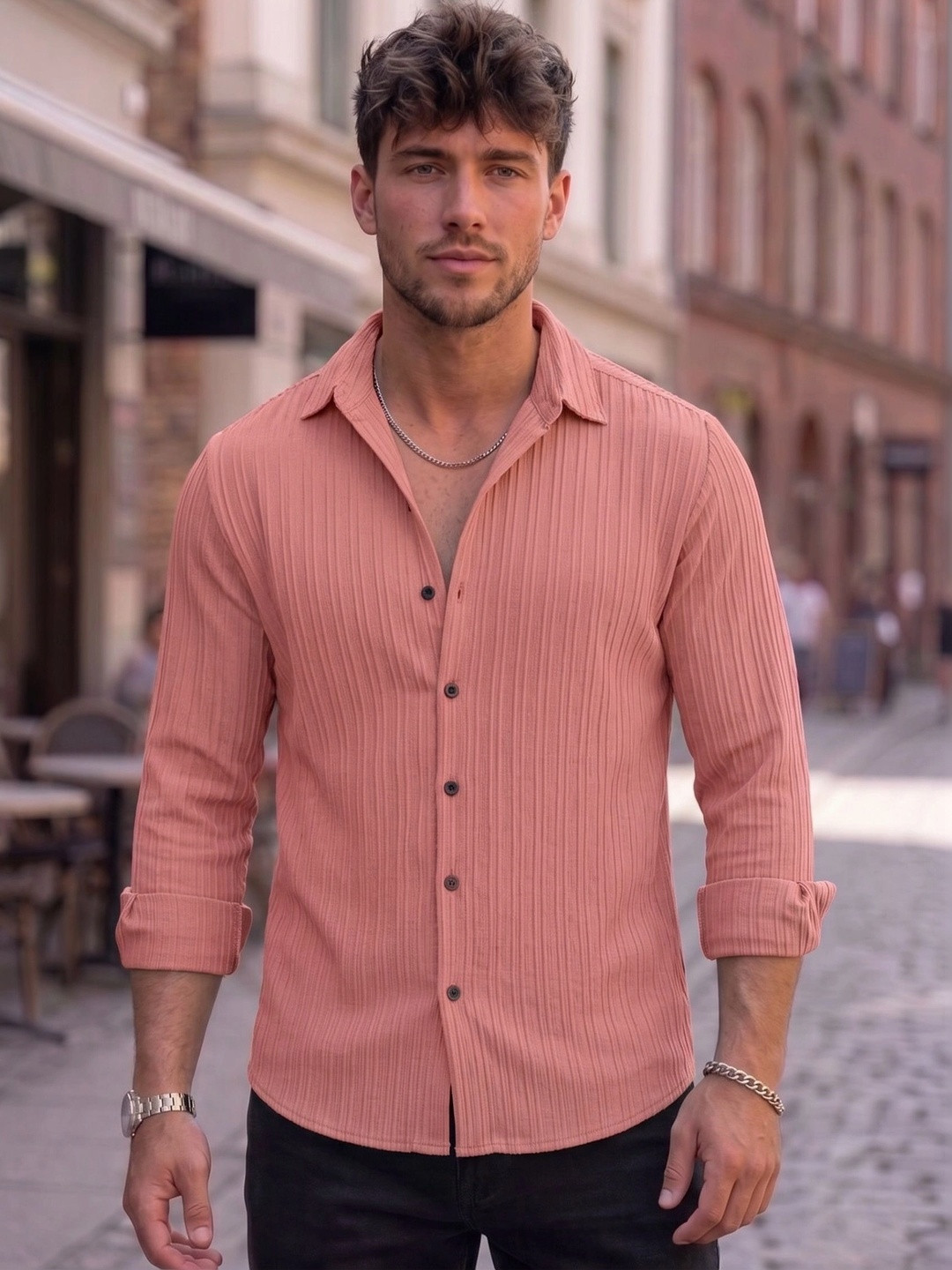 FINIVO FASHION Textured Long Sleeves Slim Fit Casual Shirt