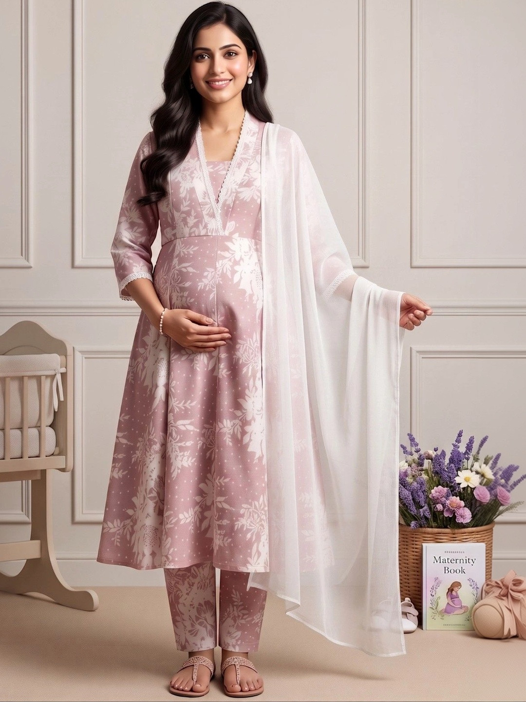 DUMMY SHAPE Women Floral Printed Pleated Kurta with Trousers & With Dupatta