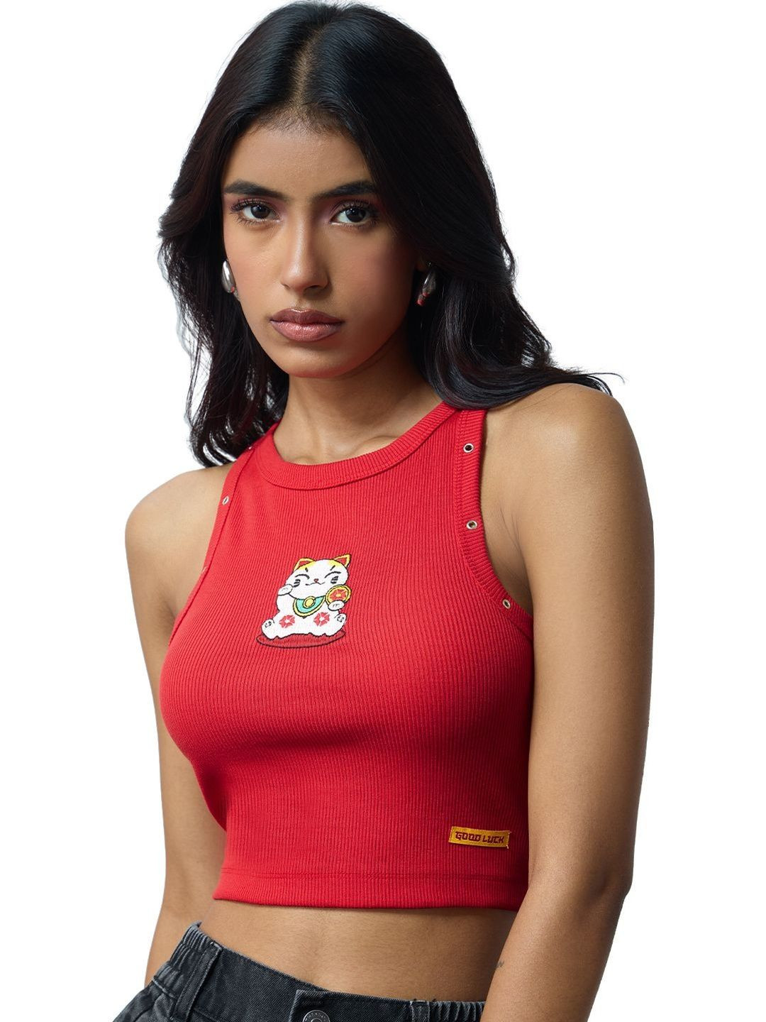 The Souled Store Women Slim Fit Printed Red Tank Tops