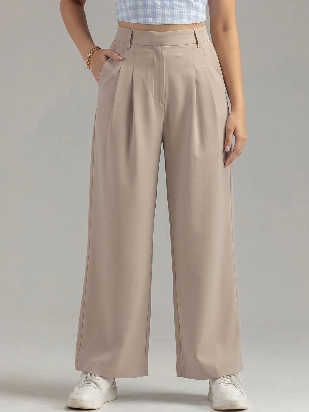 Moda Rapido Women Classic High-Rise Wrinkle Free Pleated Trousers