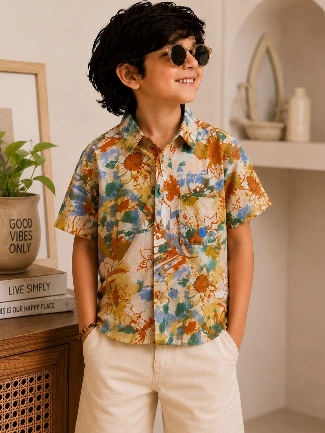 Superminis Boys Modern Spread Collar Floral Printed Cotton Casual Shirt