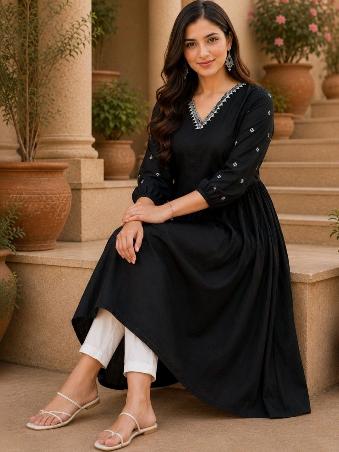 Loomista Women Ethnic Motifs Embroidered Empire Thread Work Kurta with Trousers