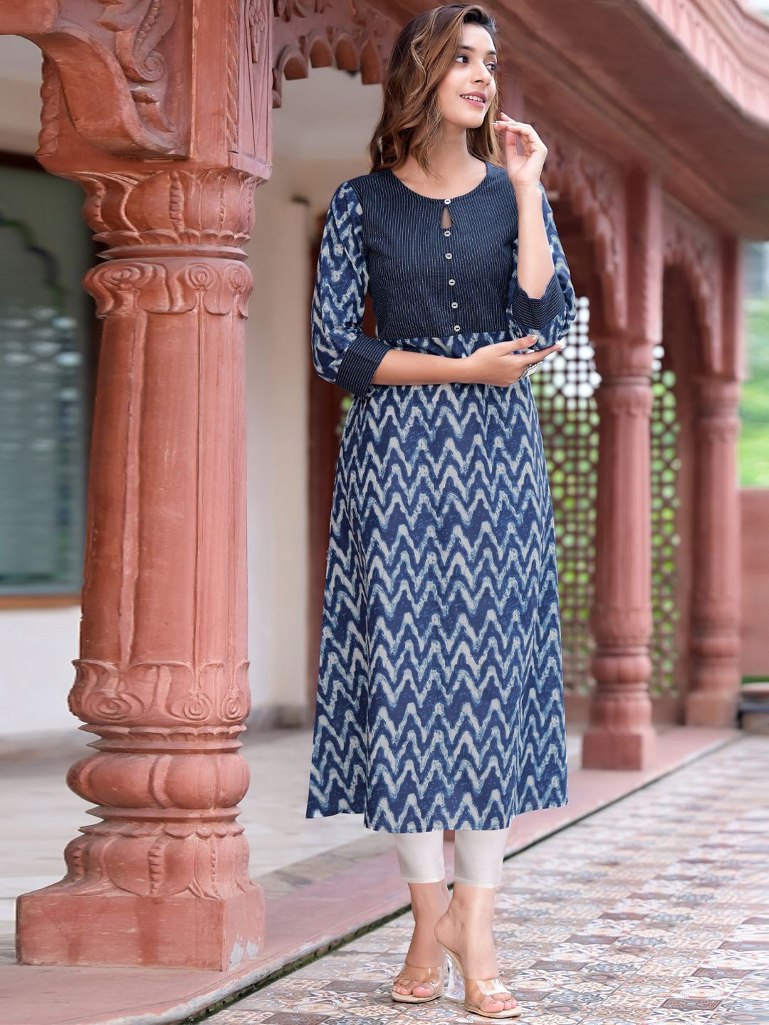 IKRASS Chevron Printed Kantha Work Keyhole Neck Cotton A-Line Kurta