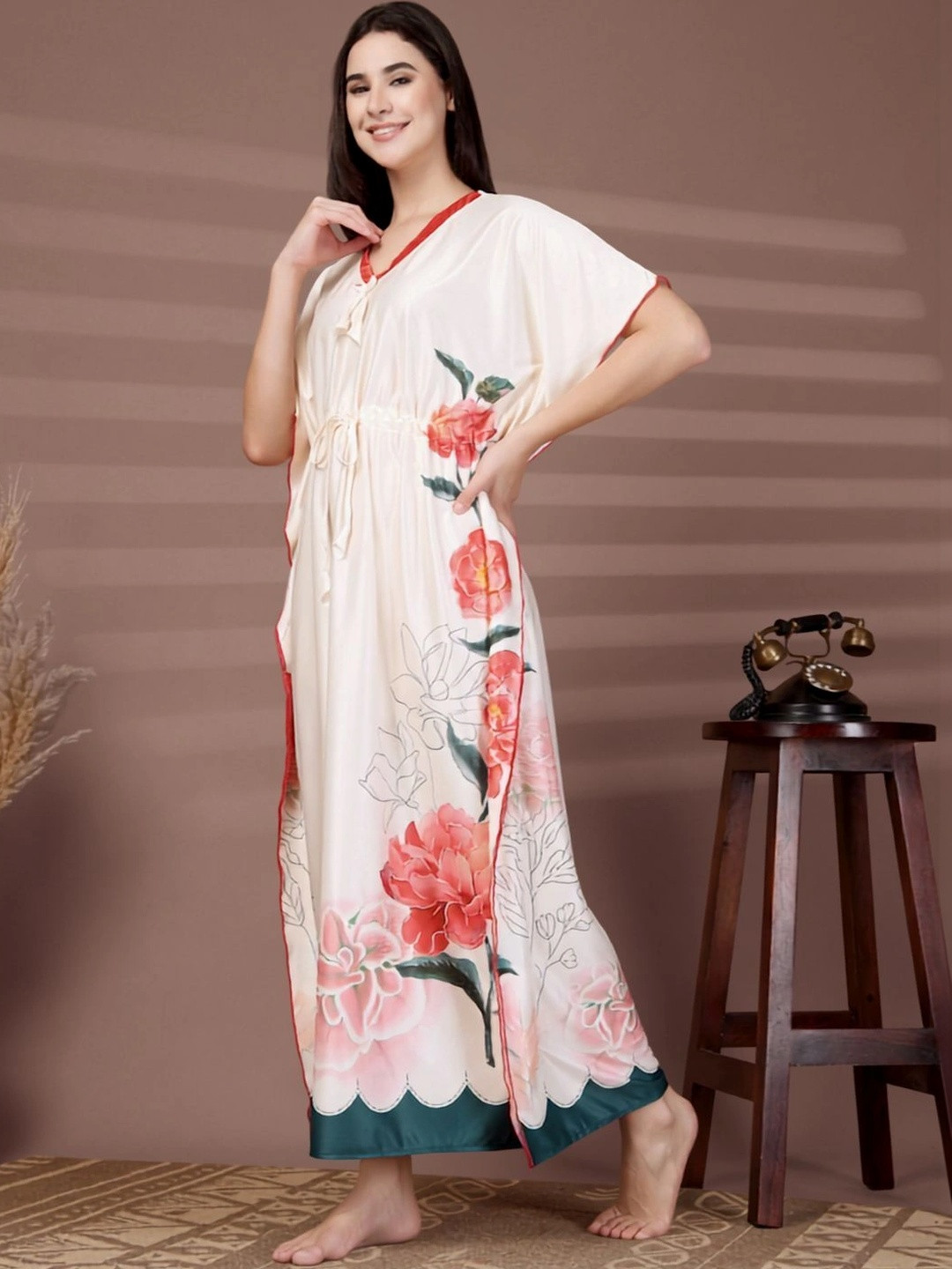 DressBerry Women Cream Floral Graphic Printed V-Neck Kaftan Nighty
