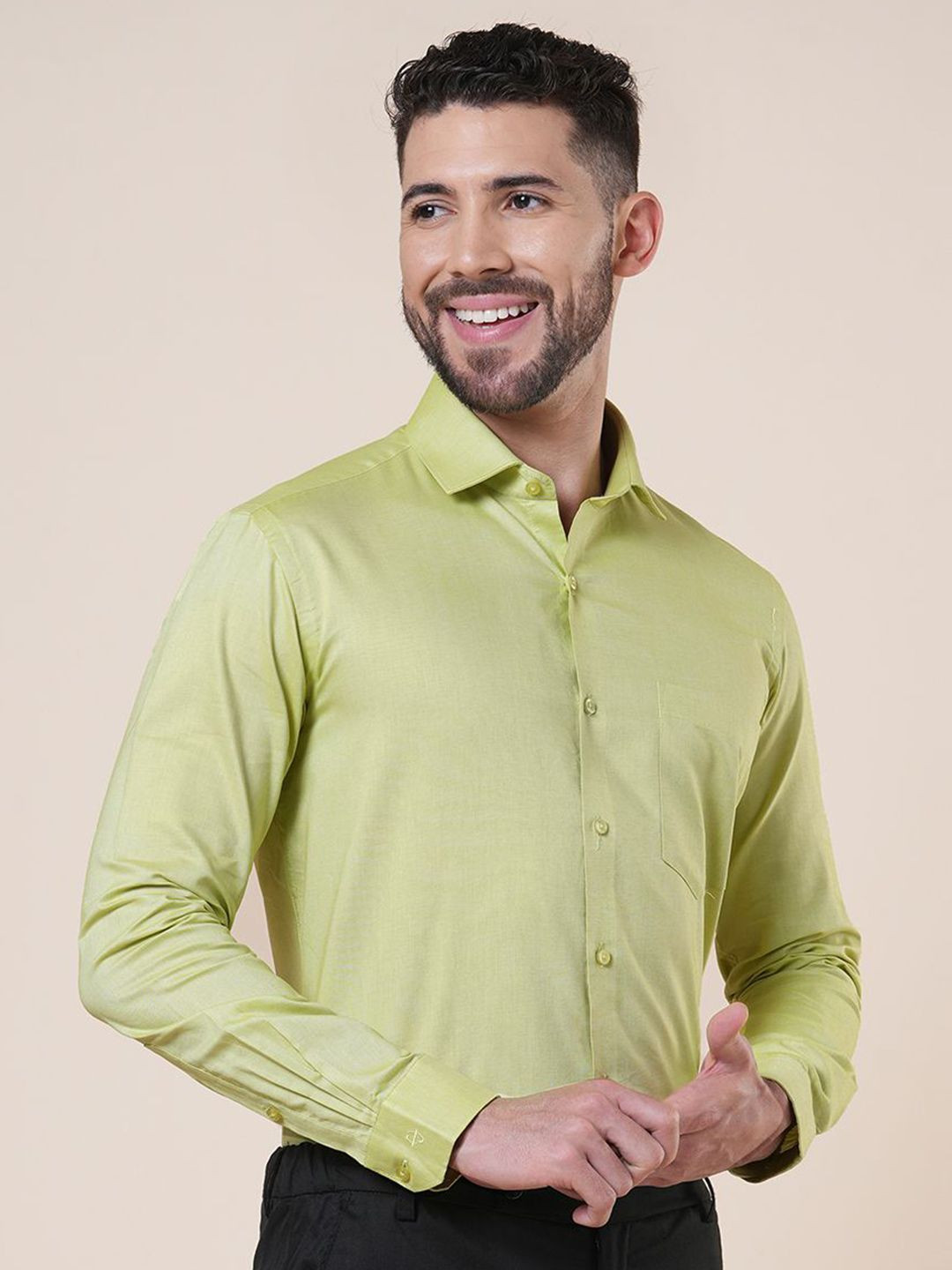 John Philips Men Premium Slim Fit Solid Spread Collar Cotton Casual Shirt