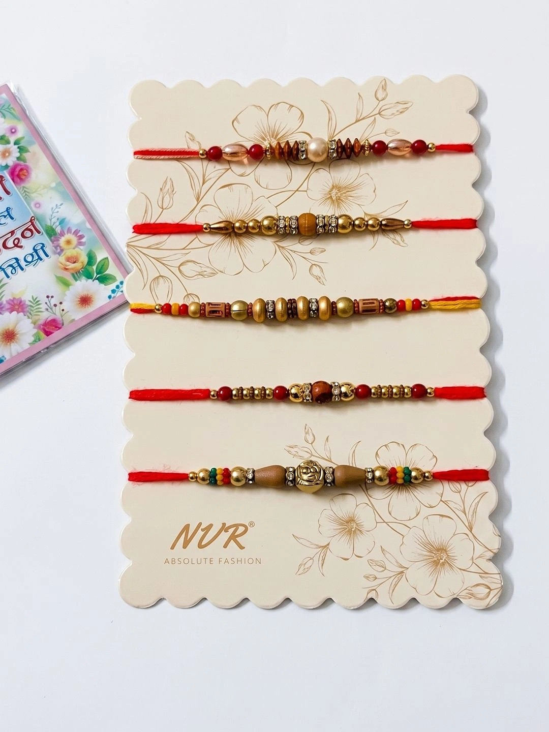 SZN Set Of 5 Multicolor Designer Thread Rakhi With Roli Chawal Chandan Mishri