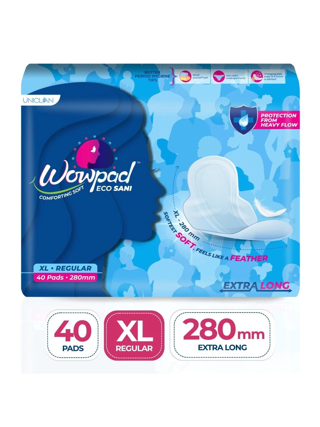 Wowpad Anti-Bacterial & Rash-Free Eco-Sani Sanitary Pads - XL - 40Pcs