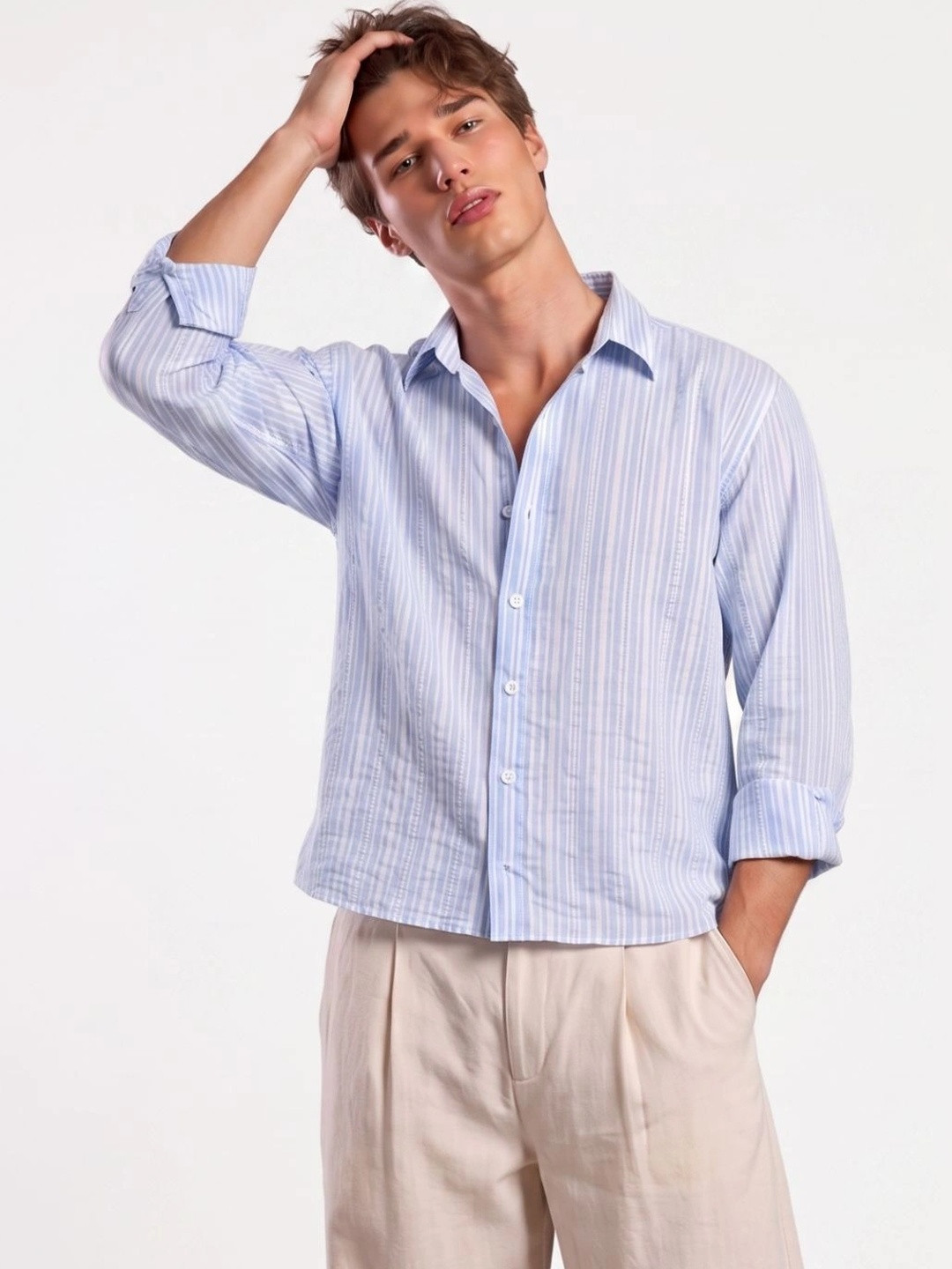 NISHORAMA Gul d Vertical Stripes Cotton Linen Three-Quarter Sleeves Boxy Fit Shirt