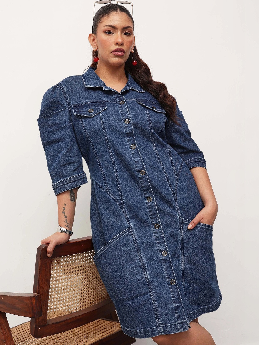 SASSAFRAS Curve Women Puff Sleeve Denim Shirt Dress