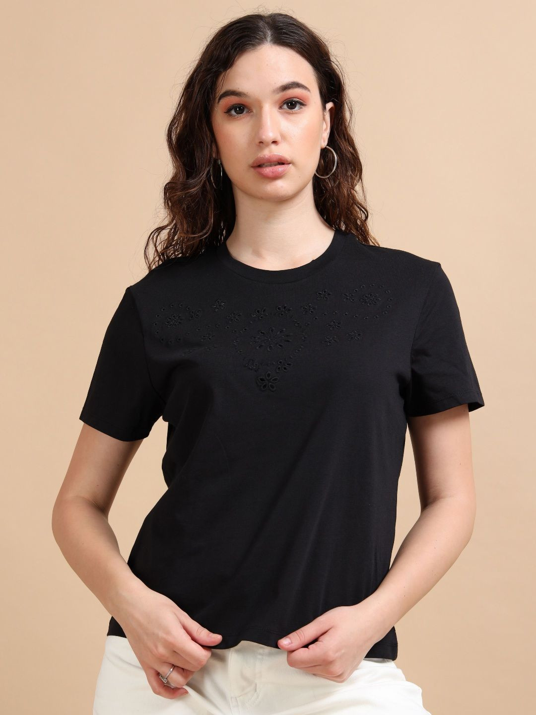 GLAM & CHIQUE Women's Pure Cotton Regular Fit Half Sleeve Schiffli Embroidered Tee