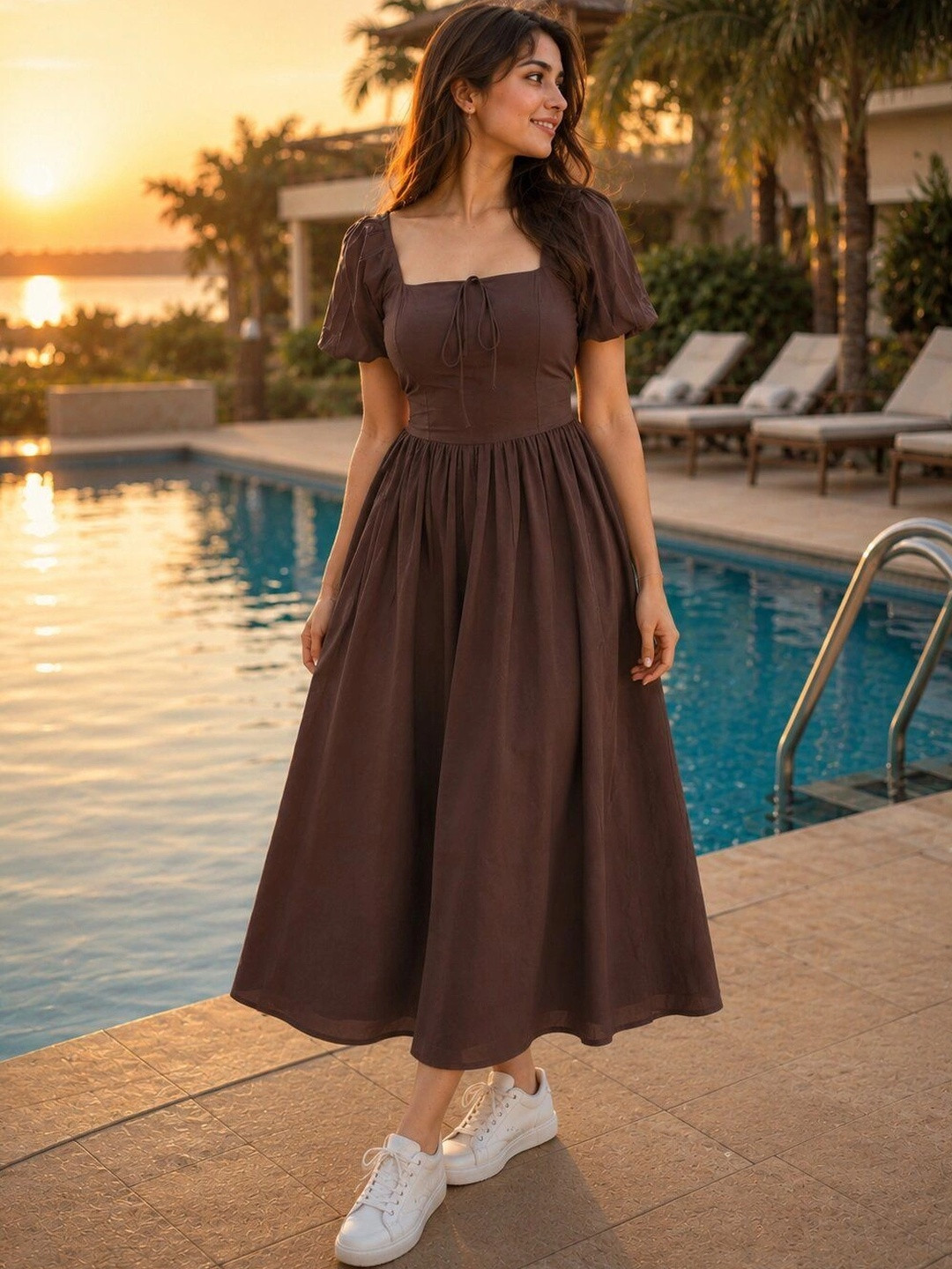 SYYNCRO Puff Sleeve Fit & Flare Midi Dress