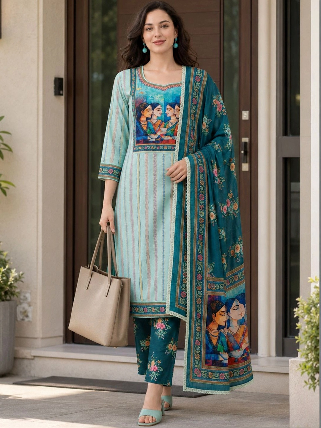 Anouk Women Light Blue & Teal Green Dobby Woven Pure Cotton Kurta Set with Printed Dupatta