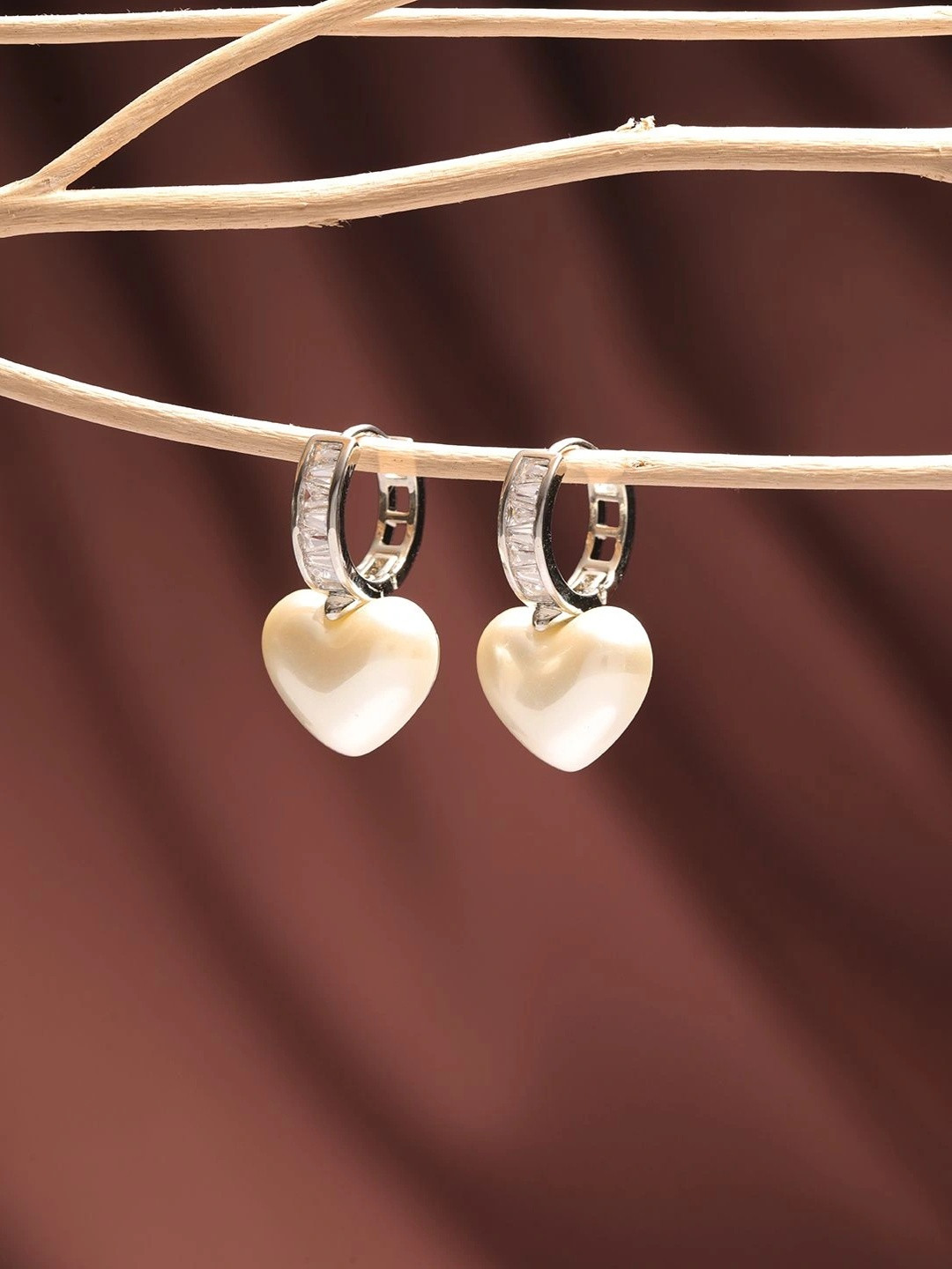Saraf RS Jewellery Stainless Steel Silver-Plated American Diamond Studded Heart Shaped Earrings